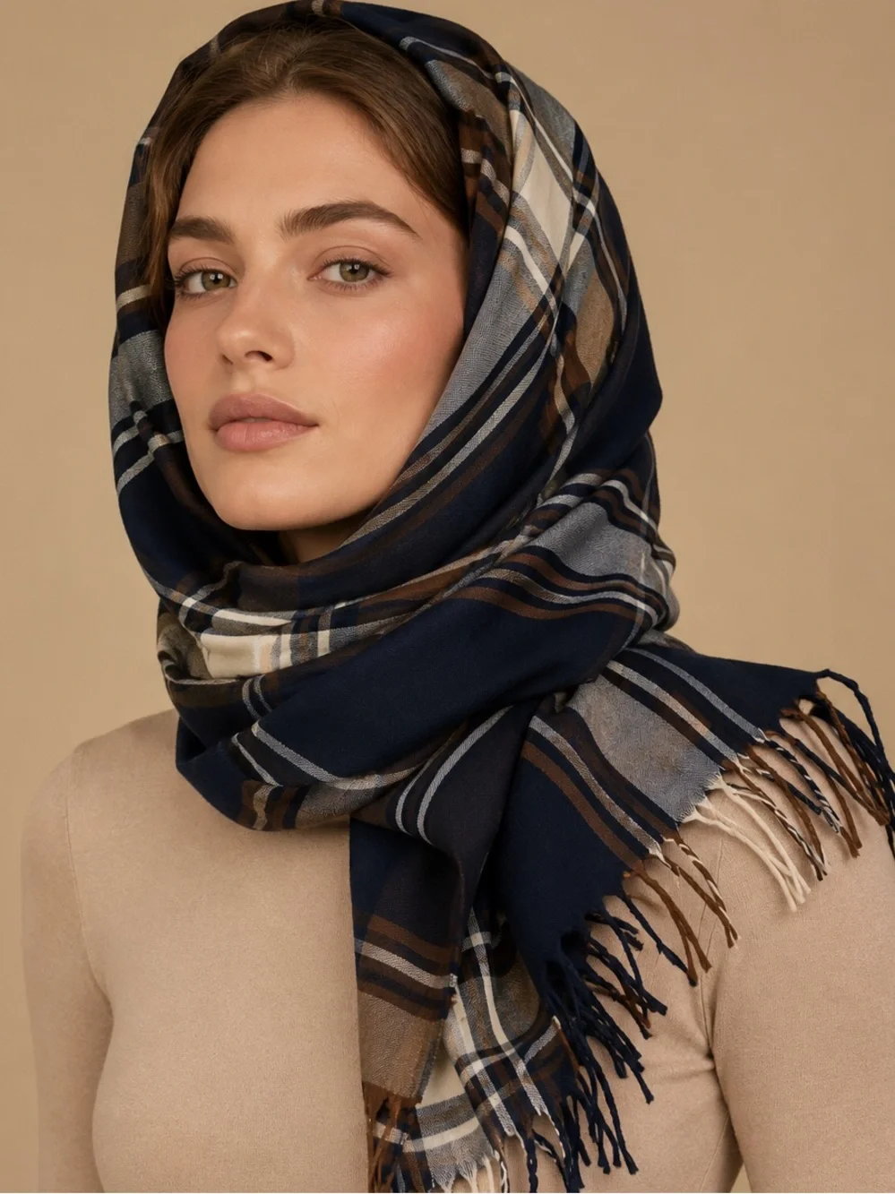 Aquascutum London Navy Plaid Scarf Shawl Wrap Fringe Made in Scotland Large